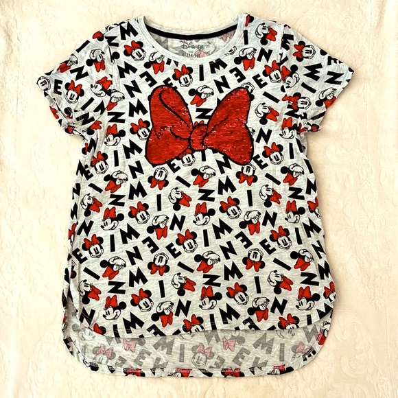 Disney Minnie Mouse Red Sequin Bow Gray T Shirt Size Girls 14-16 XL - Picture 2 of 5